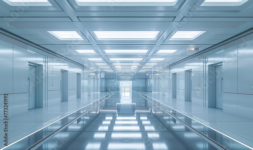 A futuristic and sleek curved corridor with highly reflective surfaces creating a spacious and otherworldly atmosphere.