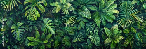 An artistic rendering of a tropical fern landscape, where the play of light and shadow dynamically enhances the greenery, emphasizing the lushness of the jungle.