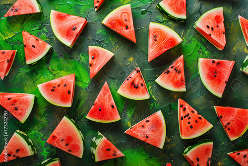 Top view triangle sliced watermelons. Fruit background. Generative AI. © pomiti