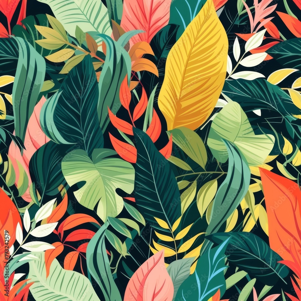 Vibrant leaves in warm hues weave through this tropical Latin pattern, ideal for bold textiles and décor. Vibrant leaves in warm hues weave through this tropical Latin pattern, ideal for bold textiles and décor.