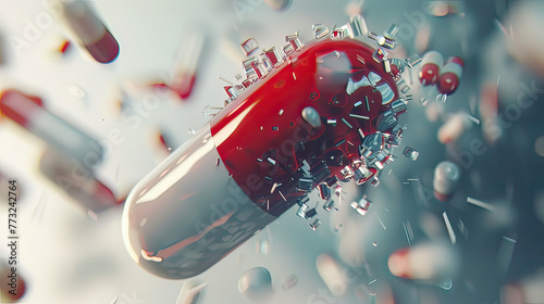 Immersive 3D scene of medication release from a capsule, space above for text