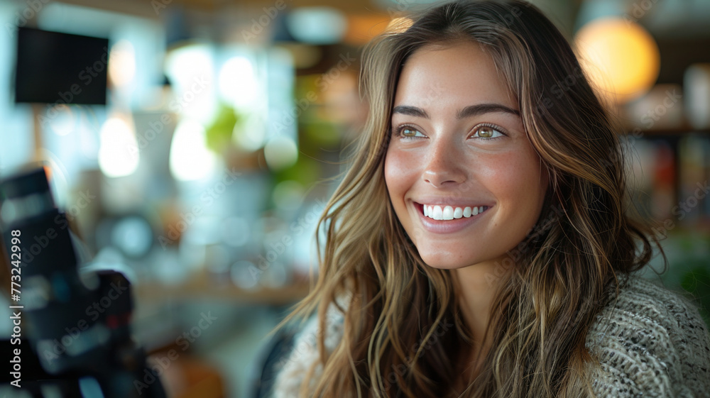 pow, behind the scenes of filming a cosmetics vlog, smiling women while filming a cosmetics vlog in their fancy home,generative ai