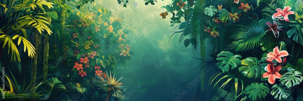 Obraz premium A captivating scene of tropical lushness, with beams of light illuminating the green ferns, creating a lively dance of colors and shadows across the verdure.