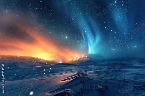 A glowing blue and orange aurora borealis over a snowy landscape © AI Farm