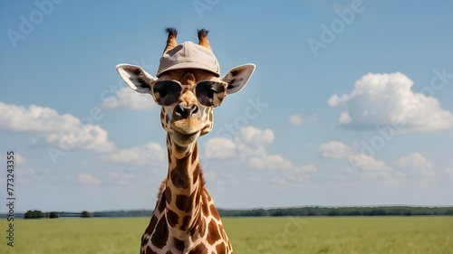 a, giraffe, wearing, sunglasses, hat, standing, field, animal wildlife, color image, photography, vertical, animals in the wild, tall - high, day, natural pattern, animal, animal themes, nature, outdo photo