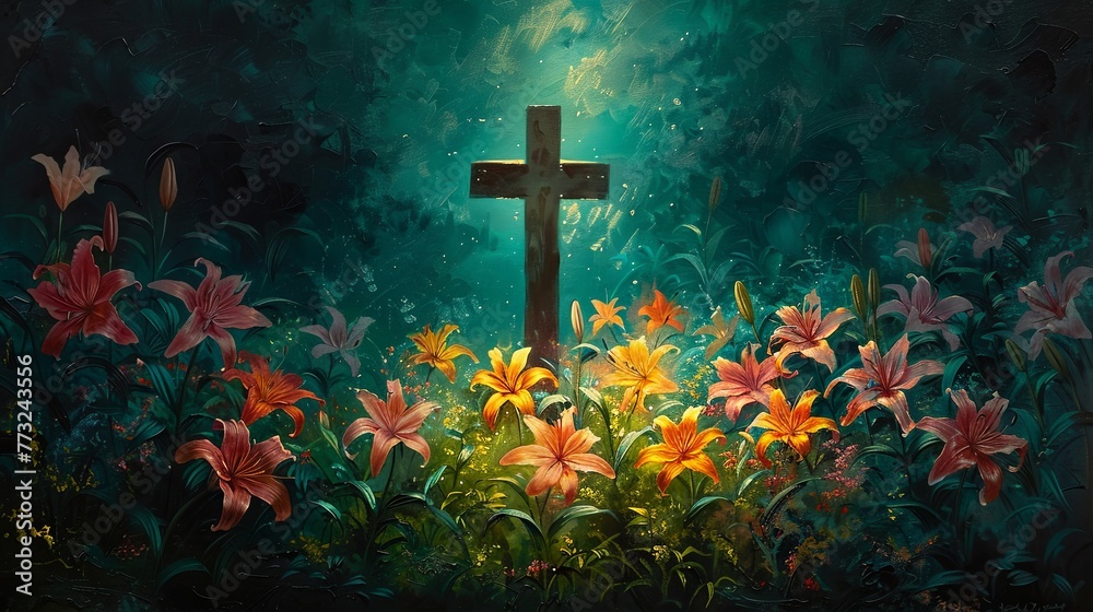 An ornate silver cross surrounded by a lush array of colorful flowers on a dark, contrasting background.