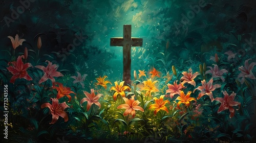 An ornate silver cross surrounded by a lush array of colorful flowers on a dark, contrasting background.