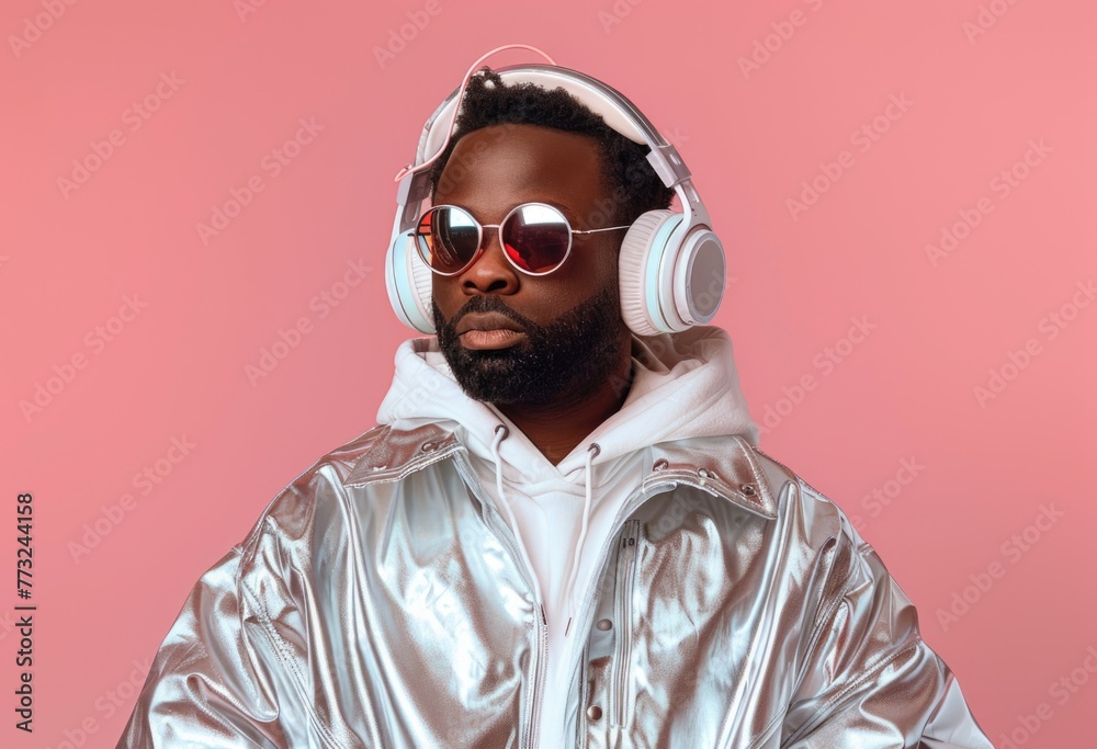 Music Lover's Style: Cool Vibes in Silver and Pink, stylish man exudes coolness with his sunglasses and headphones, donning a silver jacket against a vibrant pink background Music Lover's Style: Cool Vibes in Silver and Pink, stylish man exudes coolness with his sunglasses and headphones, donning a silver jacket against a vibrant pink background