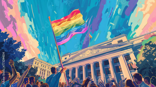 A detailed illustration of the Pride flag being raised over a city hall