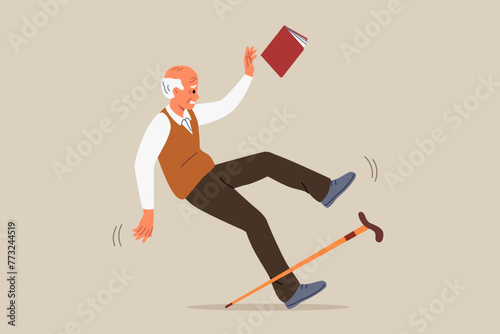 Accident involving elderly man who falls and slips on wet floor, risks injury or damage to spine. Accident with grandfather injuring book and cane when falling due to sharp pain in legs