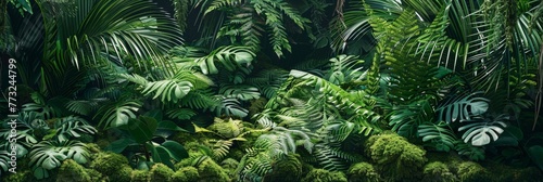 An exuberant scene of tropical luxuriance, where the green ferns are spotlighted by sunbeams, contrasting dramatically with the cool, shadowed recesses of the foliage.