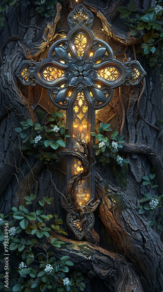 Obraz premium An ethereal cross glows with a warm light, nestled within the twisted roots and foliage of an ancient, enchanted forest.