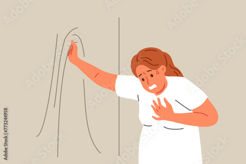 Woman suffering from obesity feels pain in heart and shortness of breath after climbing stairs. Health problems and risk of myocardial infarction are caused by obesity leading to impaired immunity