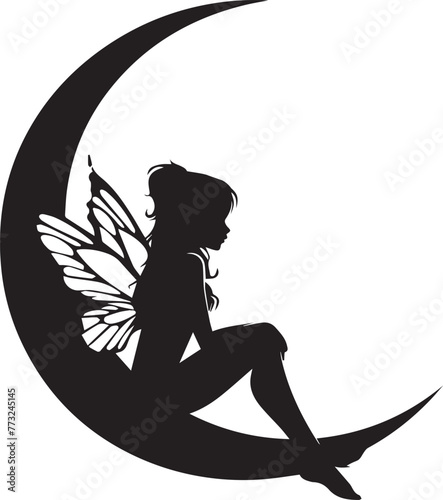 Silhouetted fairy sitting on crescent moon depicted in bold silhouette