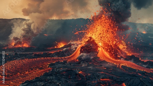 An intense eruption paints the sky with fiery hues as molten lava and plumes of ash explode from the earth, showcasing the volatile beauty of a volcano's power.