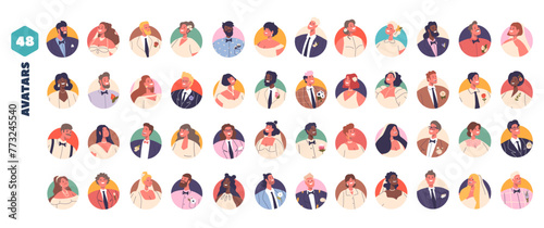 Diverse Bride And Groom Avatars Vector Set, Depict A Joyful Couple Characters On Their Wedding Day, Portraits Collection