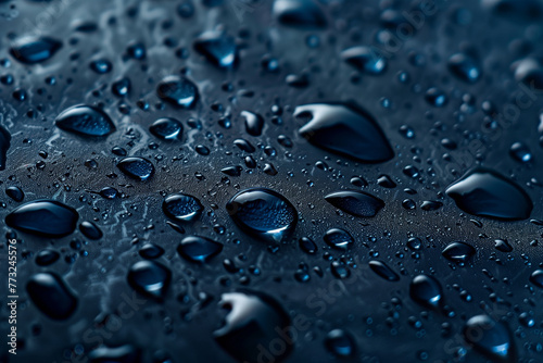Blue surface with water drops, glass texture, raindrops on glass background