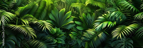 A lively depiction of tropical flora, where the sunlight enlivens the green ferns, casting enchanting shadows and creating a mesmerizing contrast within the underbrush.