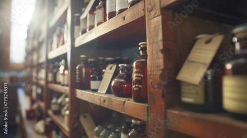 Sunlight streams into an antique pharmacy, illuminating the dust motes and the rows of medicinal bottles on wooden shelves. photo