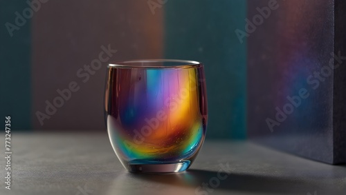 An iridescent glass cup that shifts color under different angles of light, mimicking a soap bubble Generative AI