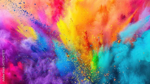 Сolorful rainbow holi paint color powder explosion isolated on white, panorama background with free place for text photo