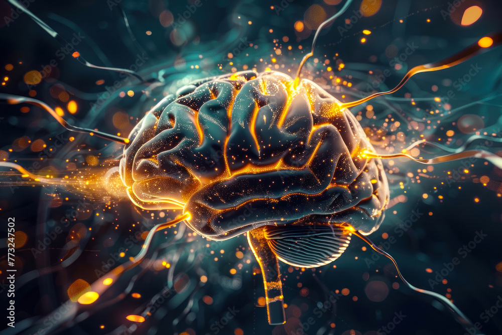 Fototapeta premium Visual representation of a human brain interconnected with glowing neural networks, showcasing cognitive functions