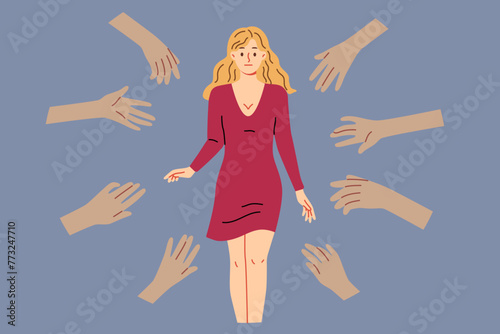 Hands of admirers reach out to woman idol, tired of attention of fans and lack of personal space. Girl idol in red dress feels discomfort due to sudden popularity caused by filming popular tv series.