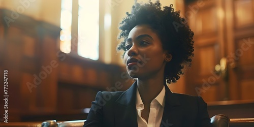 A Black female lawyer fervently advocates for defendants' rights in a courtroom before a judge and jury. Concept Lawyer, Defender of Rights, Justice System, Courtroom, Legal Advocacy photo