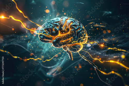 Dynamic artwork showing human brain with neural network sparks, suggesting active cognitive processes and mental functions