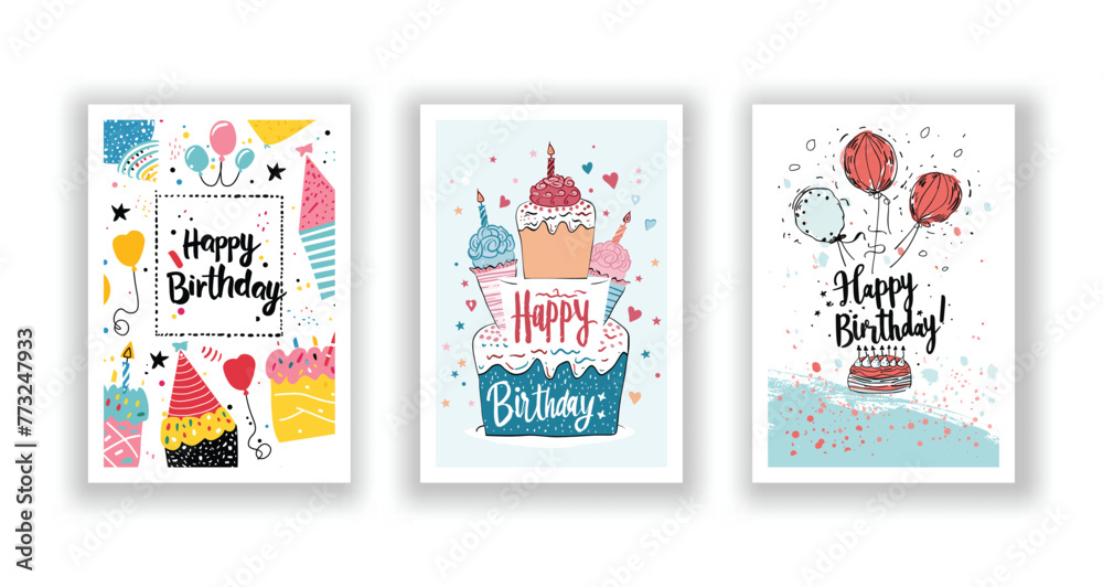 Whimsical Happy Birthday Card Collection, Hand-Drawn Flyers, Postcards, and Invitations