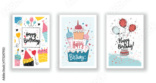 Whimsical Happy Birthday Card Collection, Hand-Drawn Flyers, Postcards, and Invitations