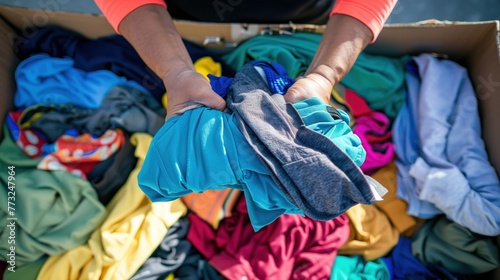 Charity Hands: Volunteer Sorting Colorful Garments