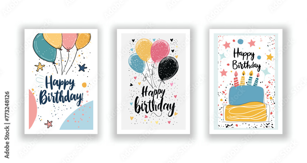 Fototapeta premium Whimsical Happy Birthday Card Collection, Hand-Drawn Flyers, Postcards, and Invitations