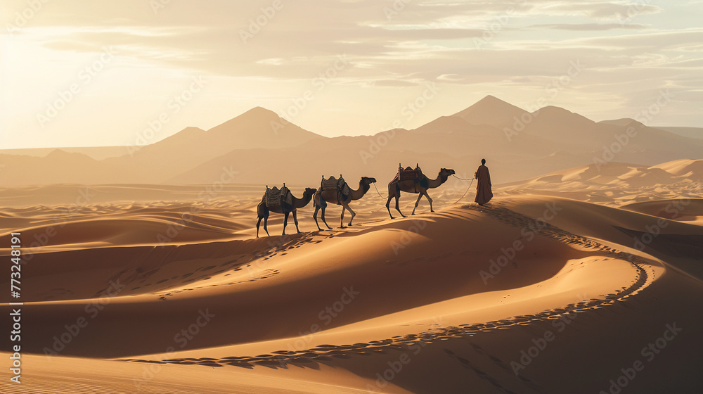 In the vastness of the desert, a man in traditional Berber clothing guides two camels, their silhouettes forming a classic caravan scene against the sprawling dunes.