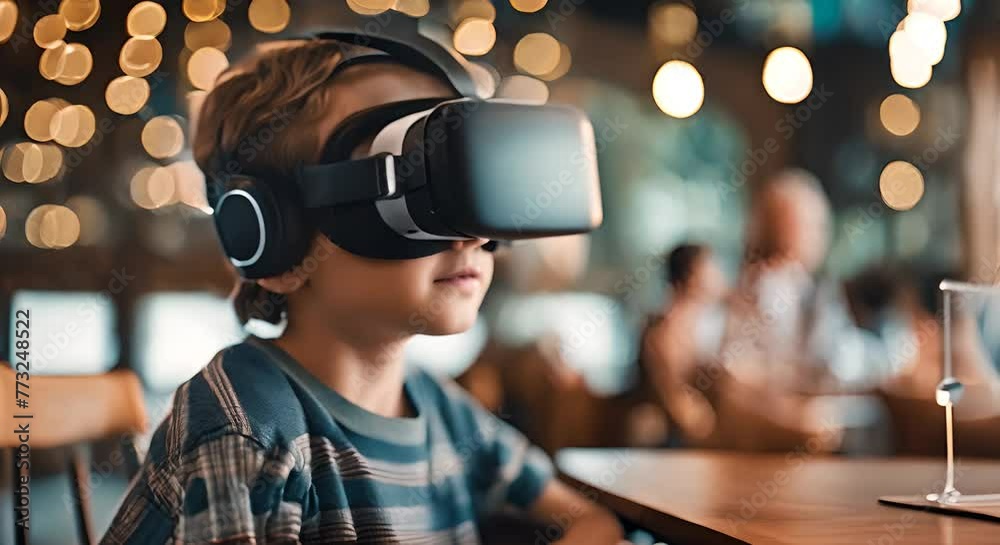 Boy with VR glasses in a restaurant. Boy with VR glasses in a restaurant.
