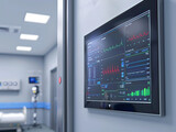 Sleek, 3D-rendered emergency room dashboard displaying vital signs monitors, ample space for captions