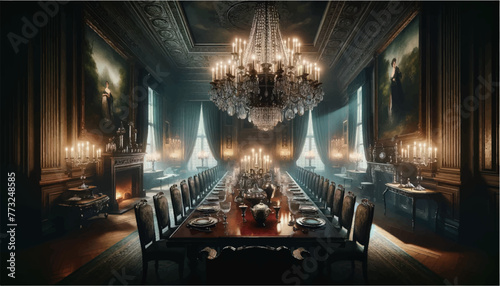 ミステリアスな洋館の食堂風景