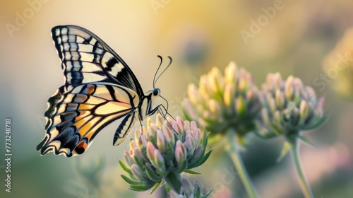 A close-up of a butterfly perched on a freshly bloomed flower. © Borin