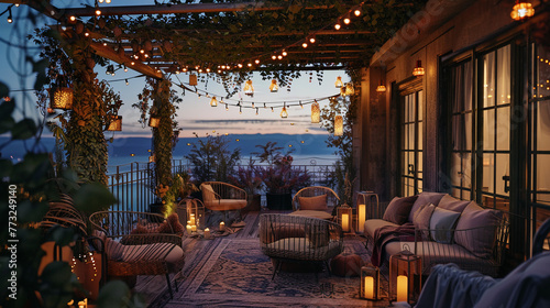 Nestled atop a beautiful house  a roof terrace comes alive in the autumn evening  adorned with charming string lights and lanterns  offering a serene and snug outdoor retreat.