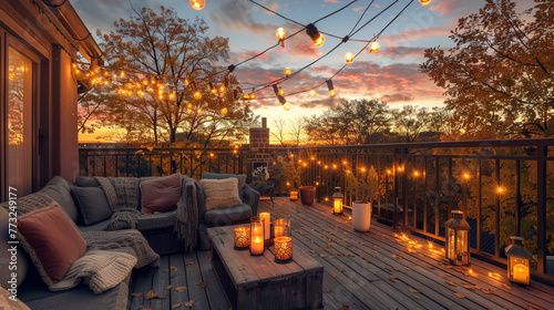 Nestled atop a beautiful house, a roof terrace comes alive in the autumn evening, adorned with charming string lights and lanterns, offering a serene and snug outdoor retreat.