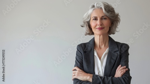 Senior female businesswoman, 60s grey haired female ceo, coach, smiling and looking at camera, banner, copy space on white background.