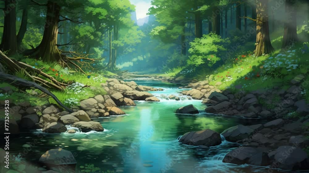 A clear stream winds its way through a lush green forest. Seamless looping video animated virtual background. AI generated video