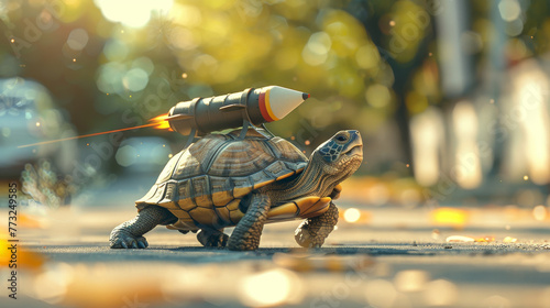 Turbocharged Journey: Turtle with a Rocket Pack Ready to Launch Defying Speed Limits