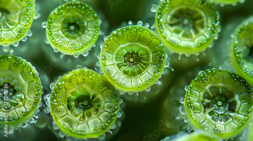 Detailed image of fern spores under a microscope, showcasing their unique spherical shapes and green hues