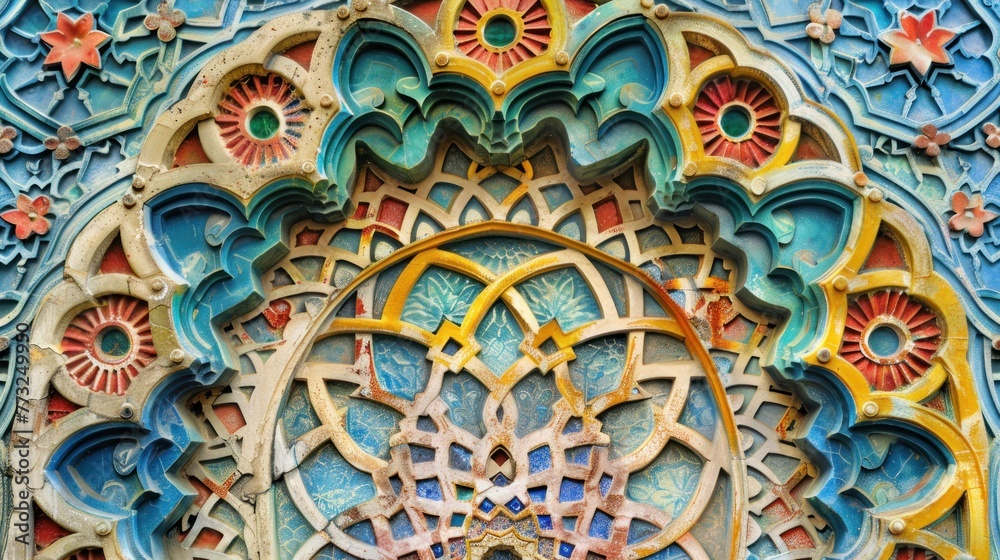 Ornamental colorful patterned stone relief in arabic architectural style of islamic mosque, greeting card for Ramadan Kareem with blank space