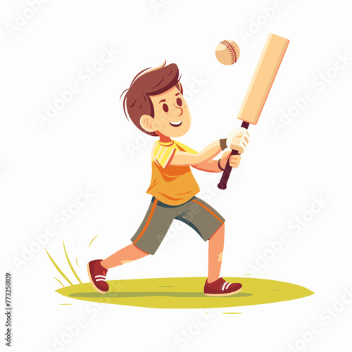 Cute little boy playing cricket , cartoon vector illustration isolated on white background.