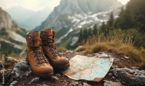 close-up of worn hiking boots on a rugged trail, with a map partially unfolded next to them, planning the next move photo