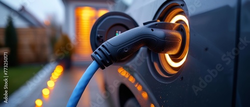  an EV charging port being connected to a wall-mounted charger at home, EV car concept