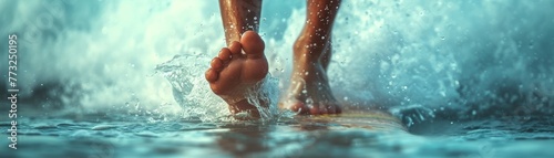 close-up of a surfer's feet firmly planted on a surfboard, cutting through a wave with spray flying around