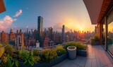 view of a city skyline from a rooftop garden, skyscrapers bathed in the soft light of a summer sunset